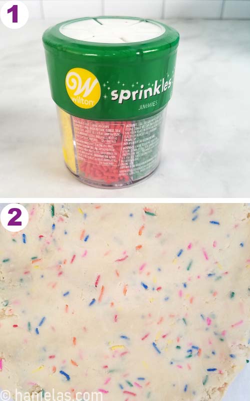 Cookie dough with confetti sprinkles rolled out between parchment sheets.