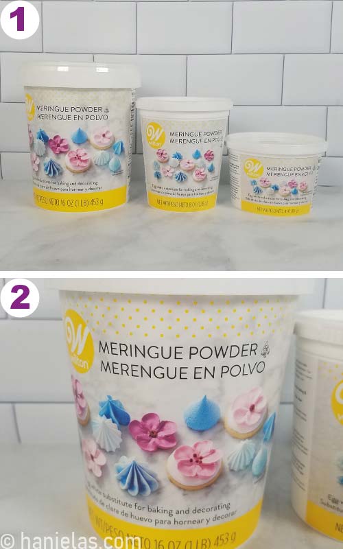 Meringue powder in three containers of different sizes.