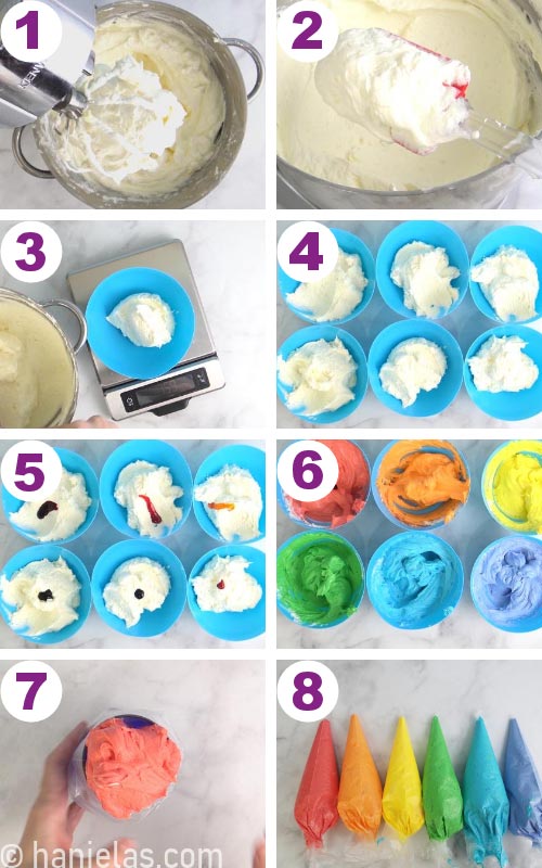 Buttercream divided into bowls and colored into rainbow colors.