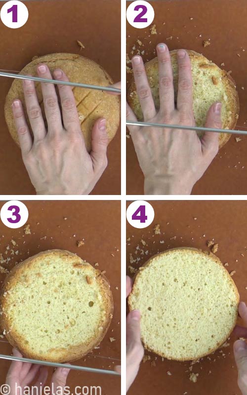 Trimming top of a sponge cake with a knife.