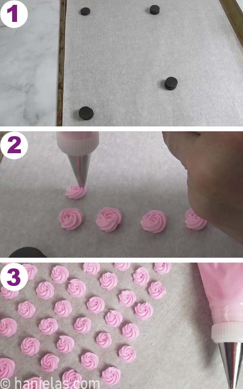 Securing parchment onto a baking sheet with magnets,piping swirls roses onto parchment.