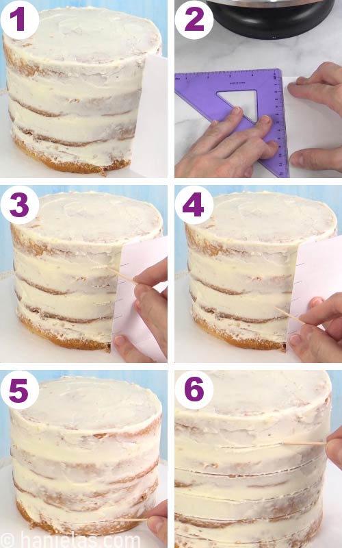 Dividing cake into sections, using a toothpick to create section borders to pipe rainbow buttercream on.