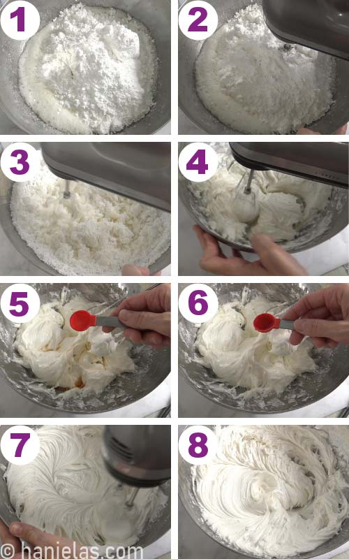 Mixing royal icing a stainless steel bowl with a hand held mixer.