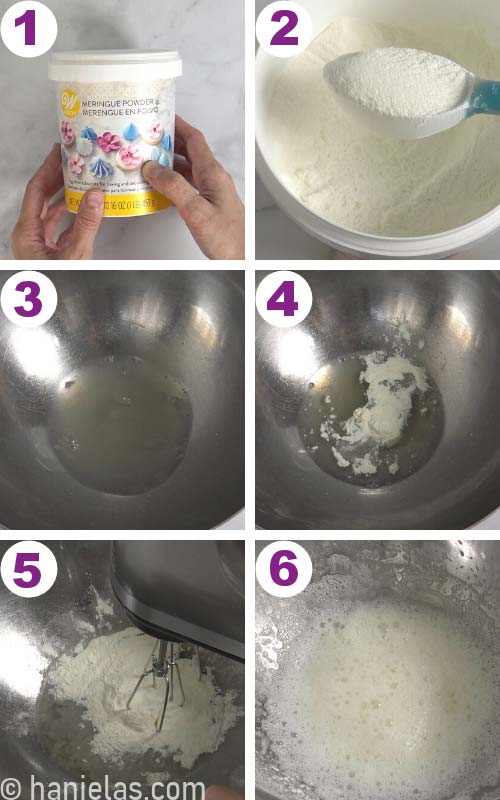 Mixing meringue powder and water in a stainless steel bowl.