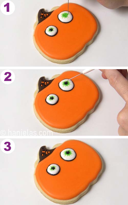 Making wet-on-wet eyes with royal icing.
