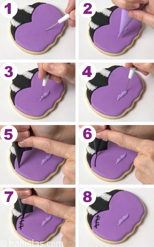 Piping purple lips onto bride of Frankenstein cookie.