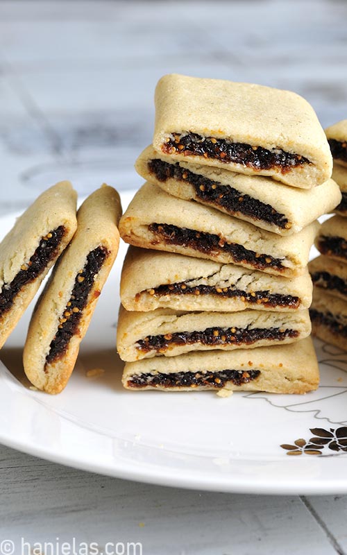 Fig Newton Cookies stacked on a plate.