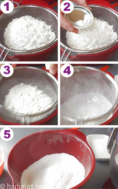 Sifting flour, baking soda and salt into a bowl.