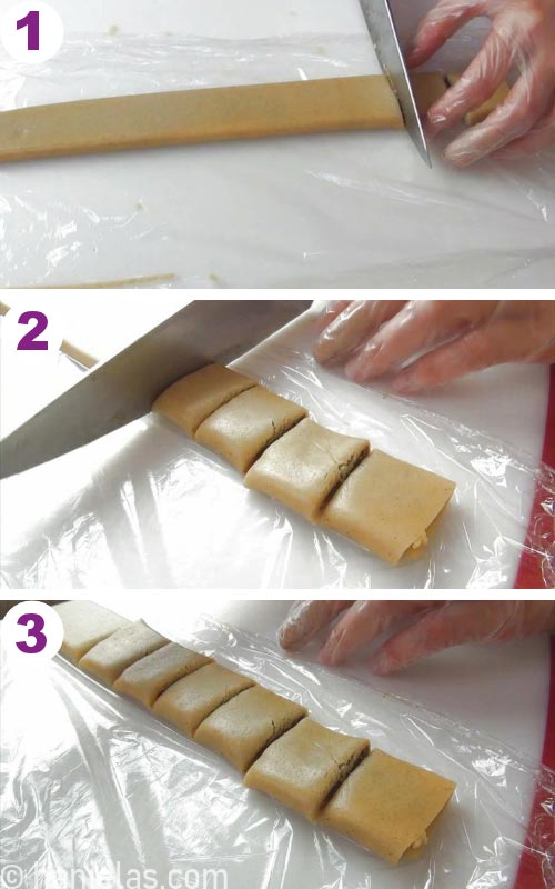 Trancher des newtons de figues avec un couteau.