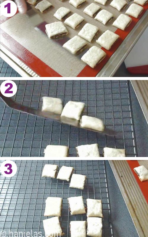 Transferring baked cookies onto a cooling rack.