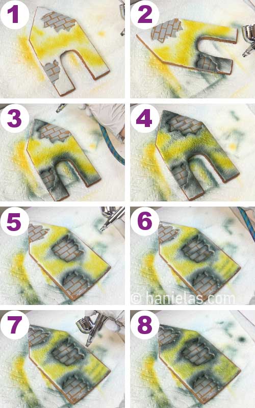 Airbrushing front house panel with yellow and black airbrush color.