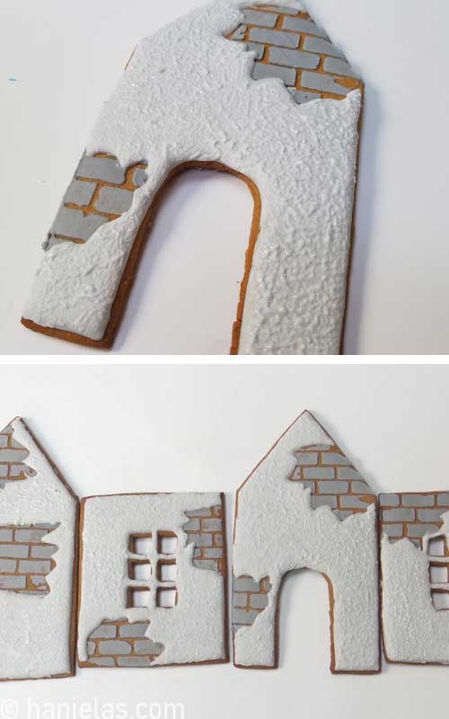 House panel decorated with textured royal icing laid flat on a table.