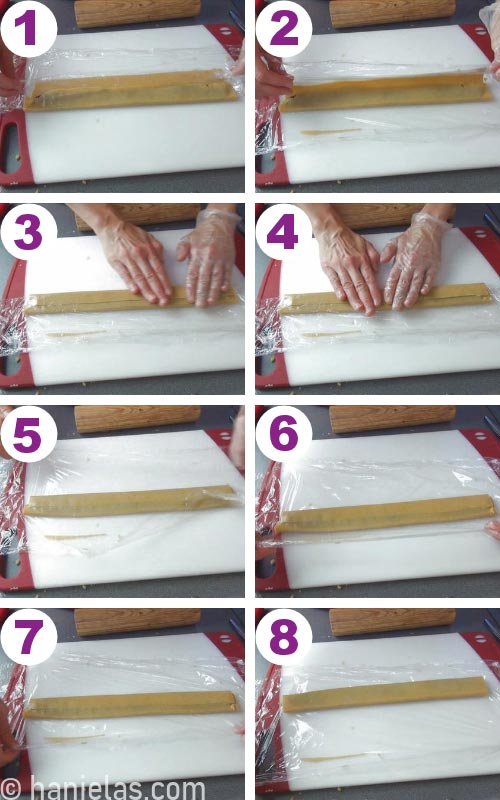 Flattening cookie dough with fingers.