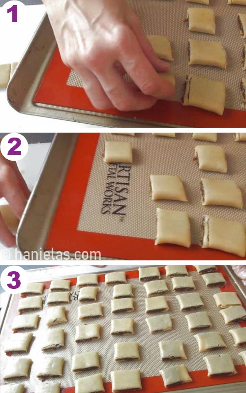 Placing unbaked cookies onto a baking sheet lined with silicone baking mat.