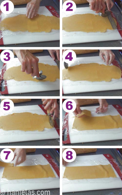 Trimming rolled out cookie dough into a rectangle.