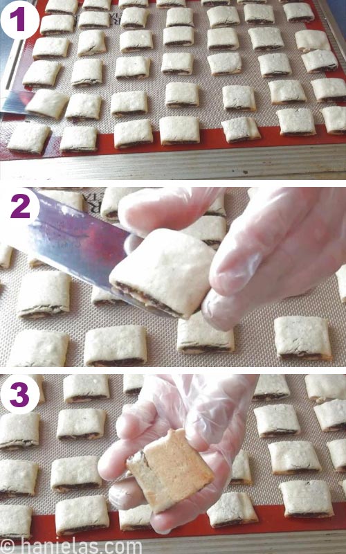 Transferring baked cookies with a spatula from a baking sheet.