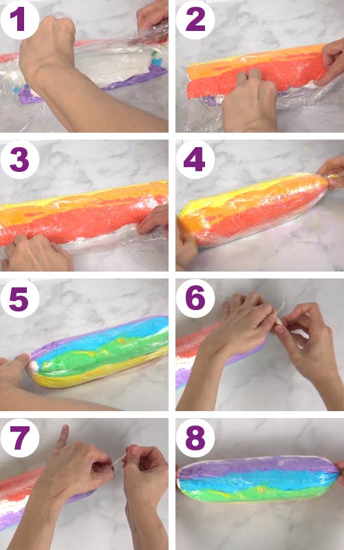 Shaping a rainbow meringue pouch with a plastic wrap.