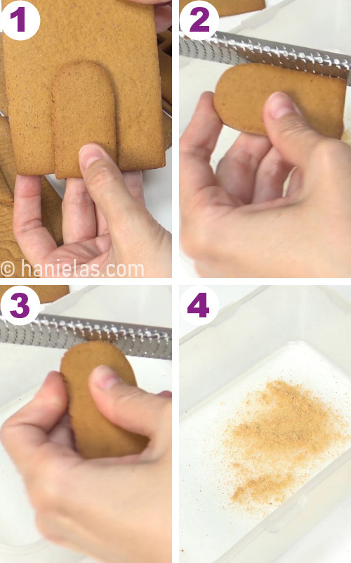 Using a zester to smooth the edges on baked gingerbread cookies.