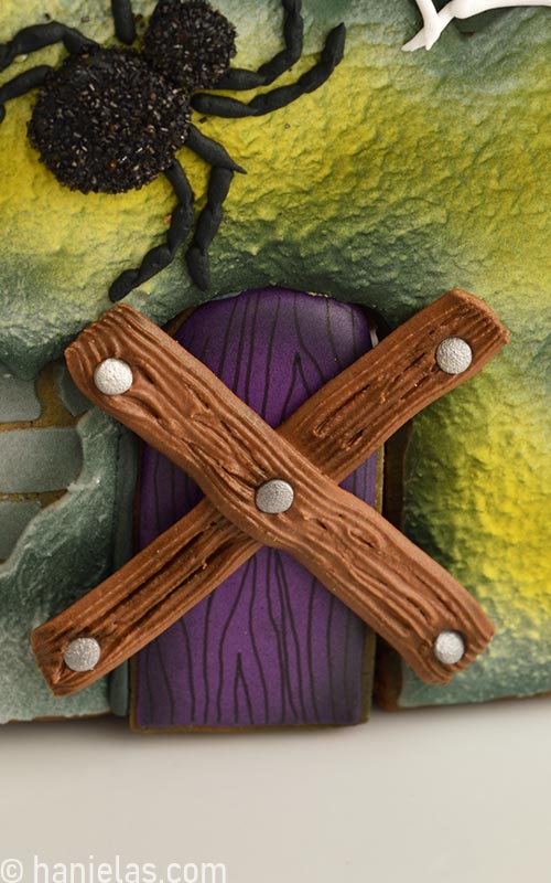 Detail of front door on Halloween gingerbread house.
