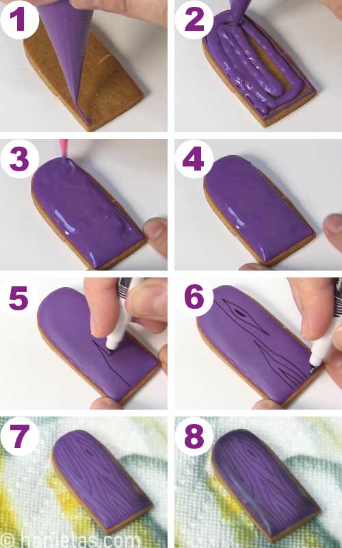Flooding door cookie with purple icing, and then drawing a wood grain with edible marker onto a dry icing.