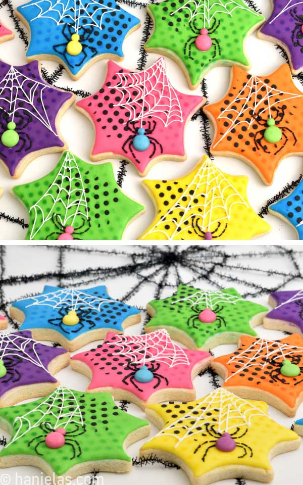 Decorated Halloween spider cookies displayed on a white table.