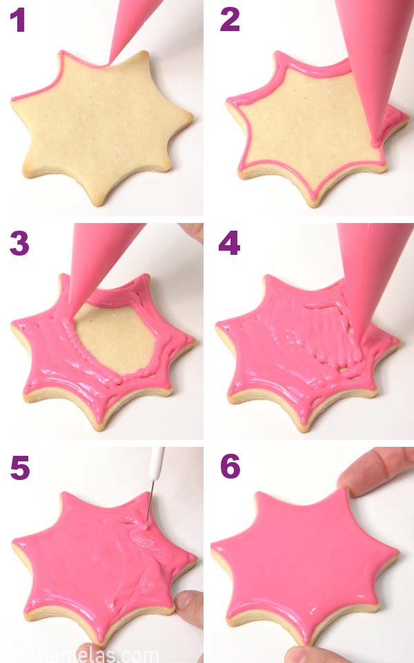 Outlining and flooding a cookie with royal icing.