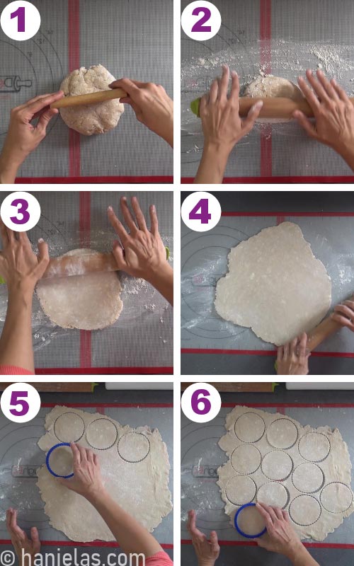 Pie dough rolled out on a silicone mat with cut out dough rounds.