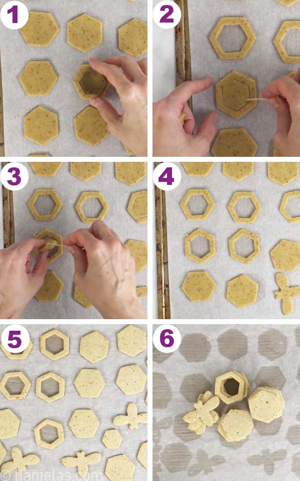 Cutting out center of hexagonal cookie and lifting up middle with a toothpick.