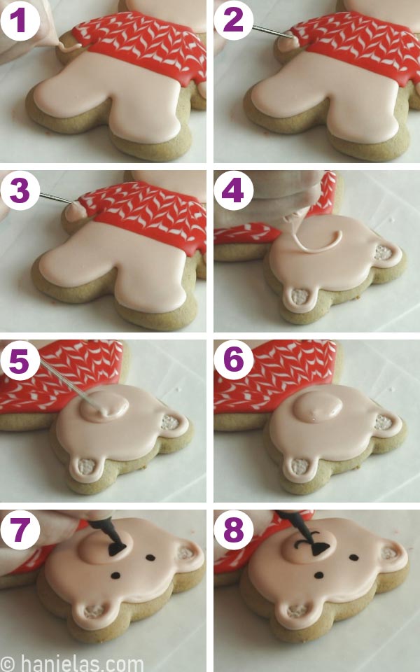 Piping a muzzle onto a bear cookie.