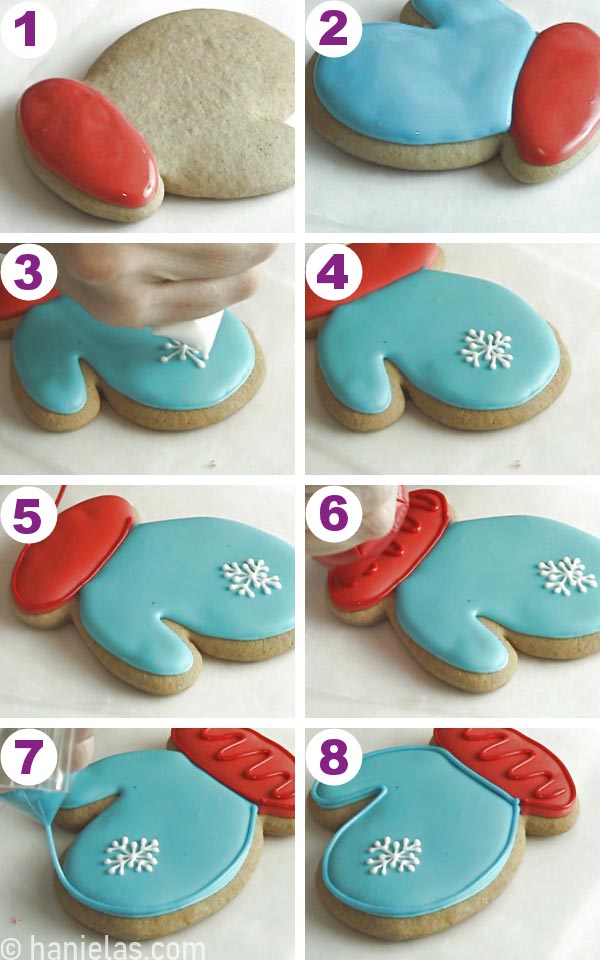 Flooding a mitten shaped cookie with blue and red icing.