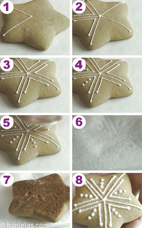 Star shaped cookies with simple white pipe lines.