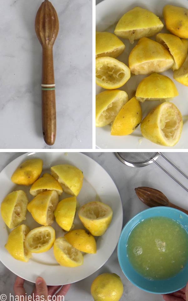 Wooden lemon juicer next to freshly squeezed lemon on a kitchen counter.