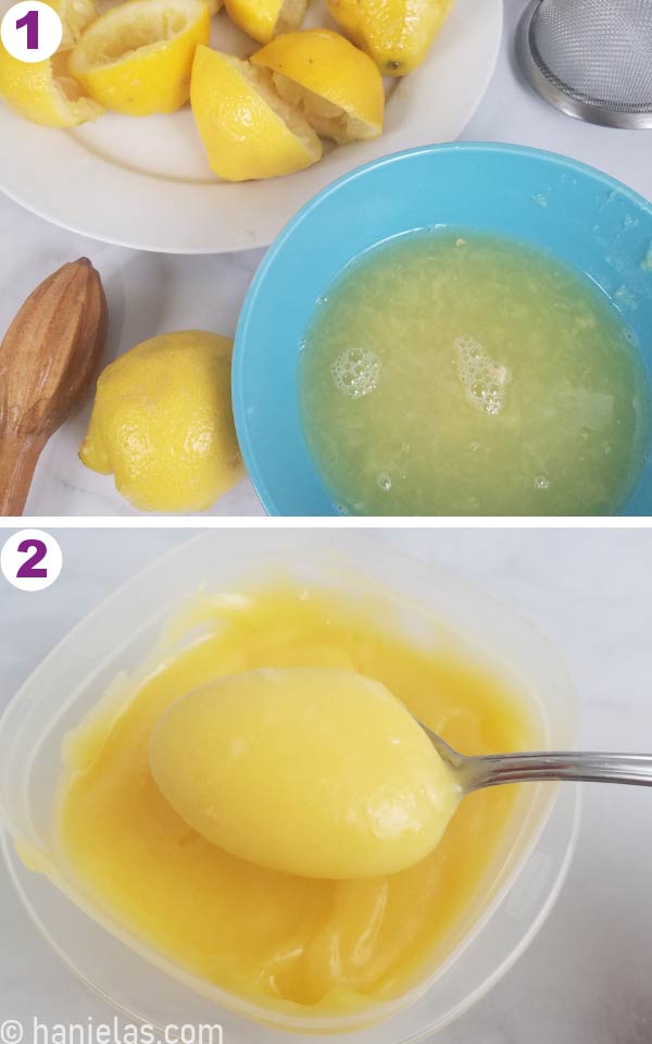 Freshly squeezed lemon juice with pulp in a blue bowl and cooked curd in a plastic container.