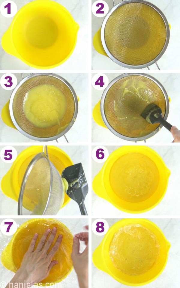 Metal sieve set over a yellow plastic bowl, strainer is filled with lemon curd.