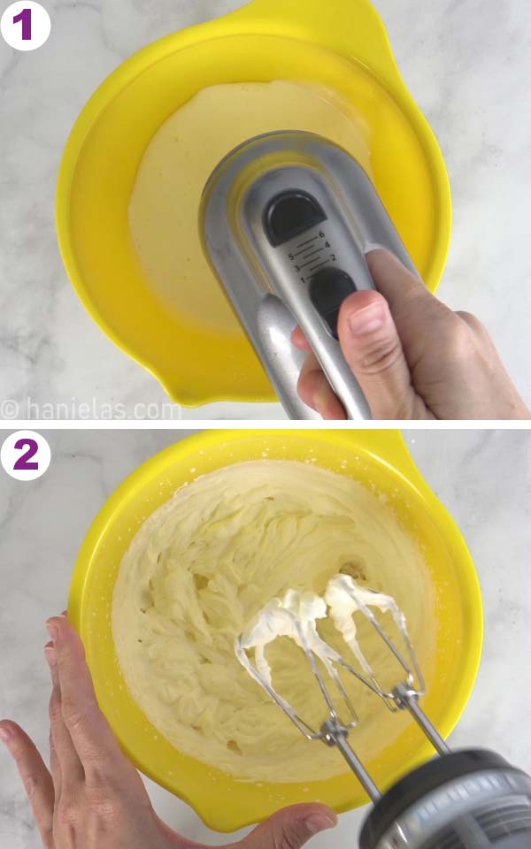 Beating heavy cream in a yellow bowl with hand held mixer.
