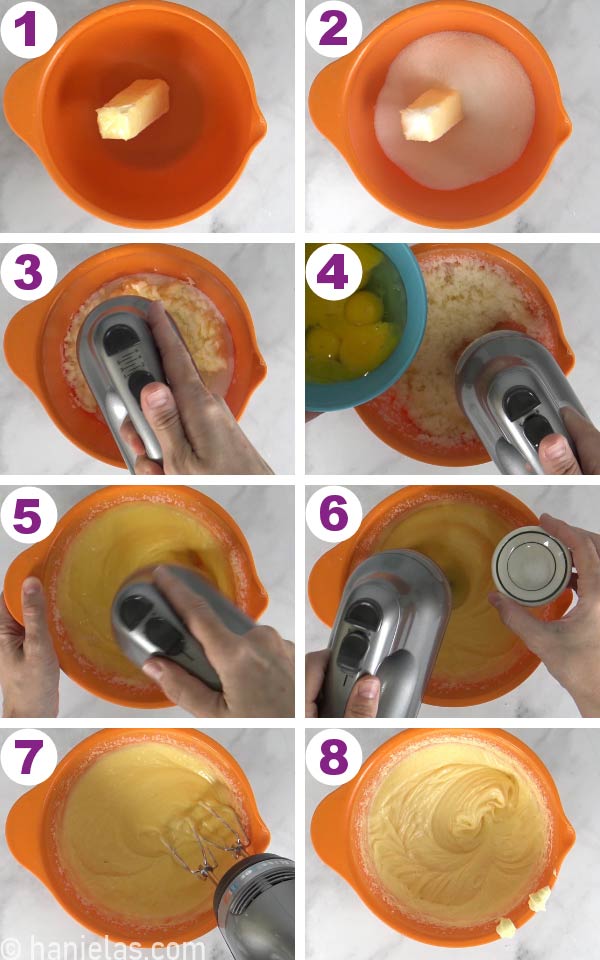 Beating butter, sugar, eggs and salt with hand held mixer in a large orange bowl.