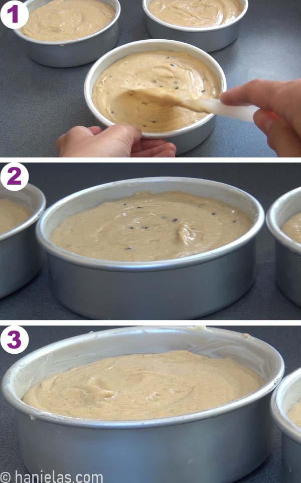 Smoothing the top of the unbaked batter in a cake pan.