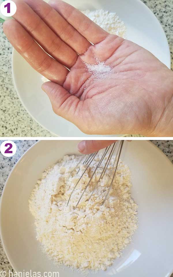 Whisking flour in a bowl with salt.