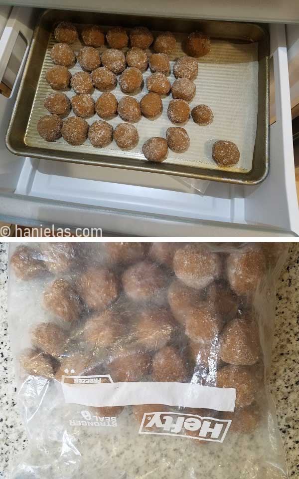 Frozen balls of cookie dough on a baking sheet.