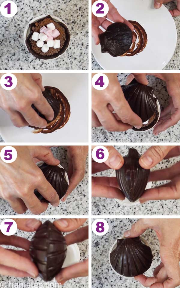 Gluing 2 chocolate seashell together.