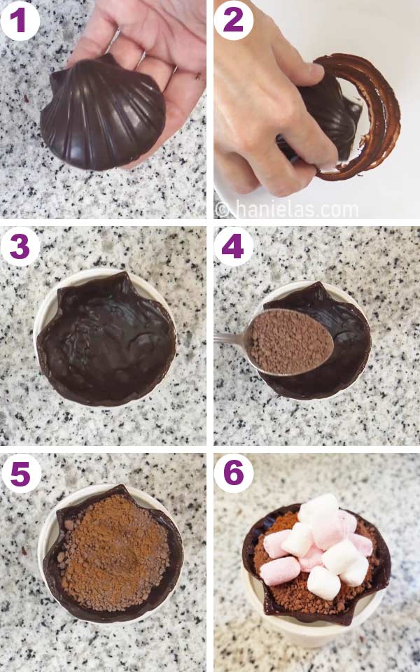 Filling a half of a molded chocolate shell with cocoa and marshmallows.