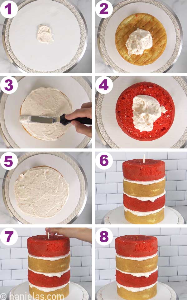 Filling a cake layers with buttercream.
