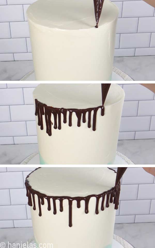 Piping bag with chocolate ganache piping drip onto a cake.