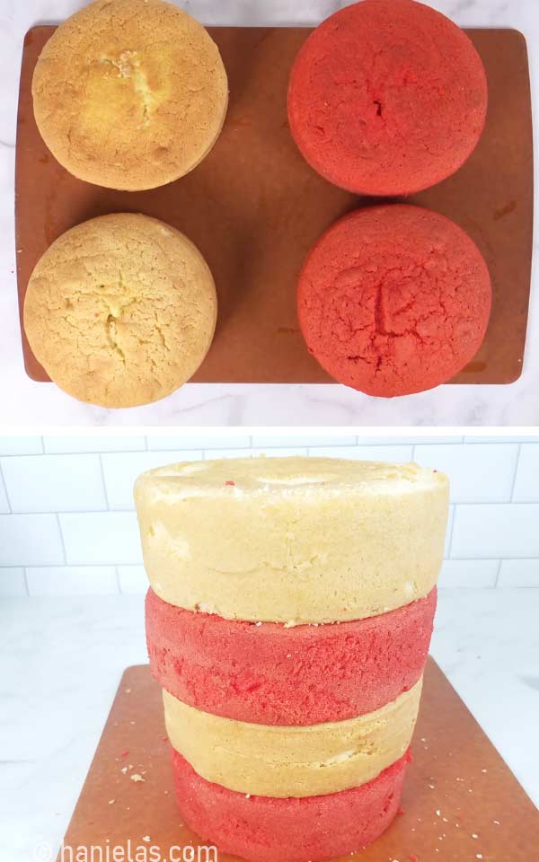 Yellow and red sponge cakes stacked on top of each other.