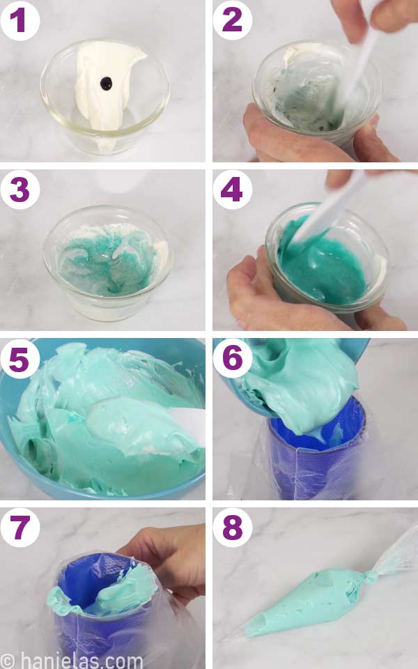 Buttercream in a small bowl, coloring buttercream with teal color.