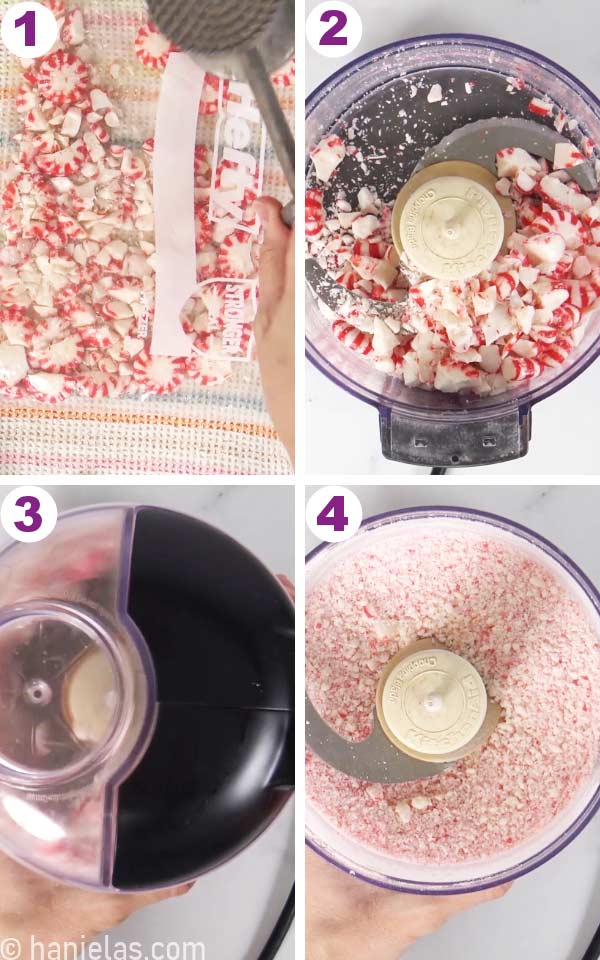 Crushed peppermint candies in a small food processor.