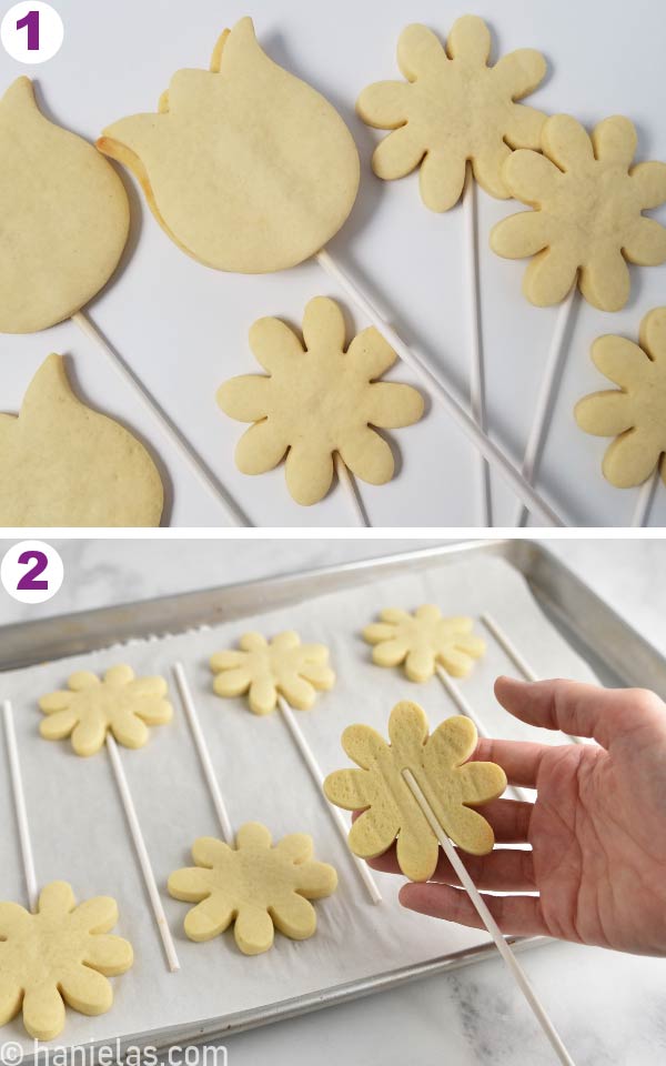 Baked cookies with a lollipop stick on the underside.