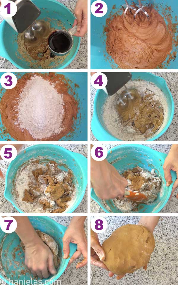 Mixing cookie ingredients in a blue bowl.