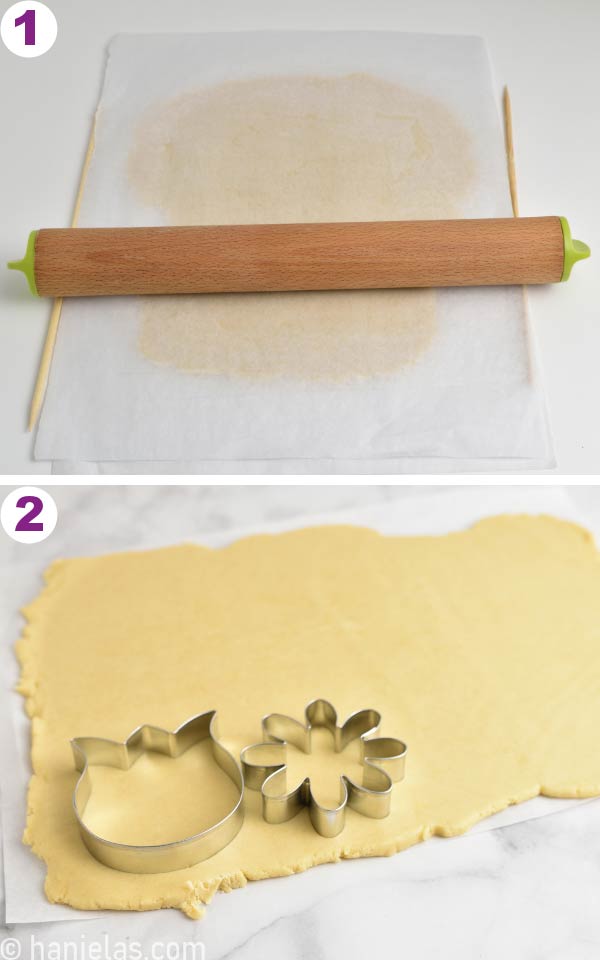 Sugar cookie dough rolled out between two sheets of parchment.