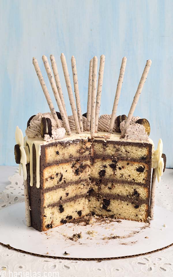 Cut cake on a cutting board.